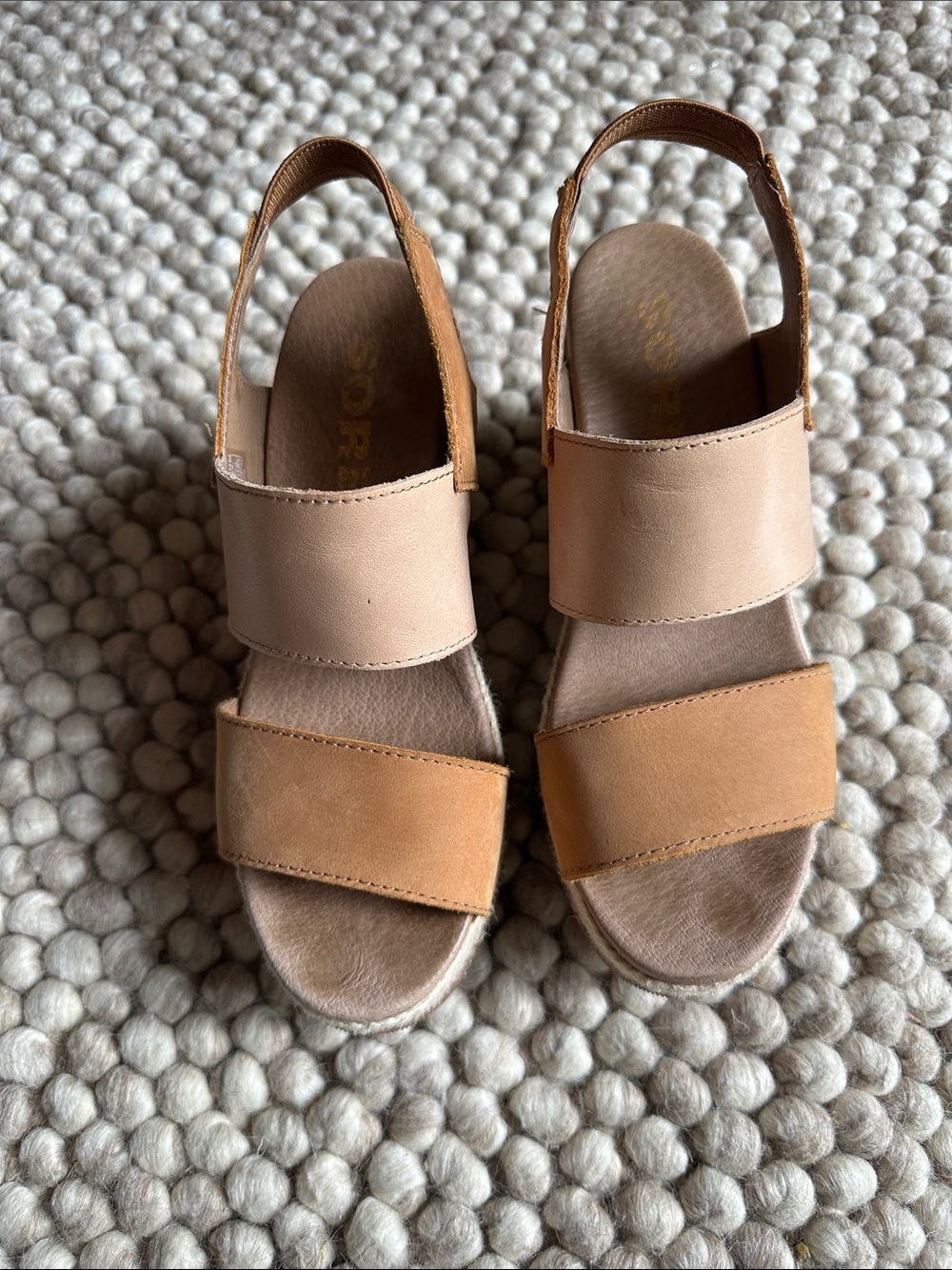 Sorel Two-Band Slingback Sandals in Tan and Beige